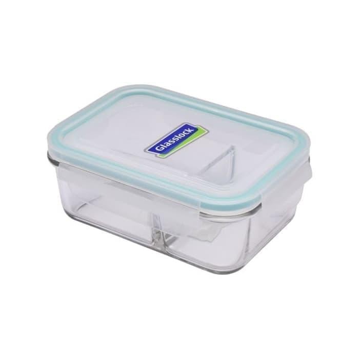 Glasslock ~ Kotak Tempat Makanan Kaca Tutup Plastik 670Ml Sekat Dua