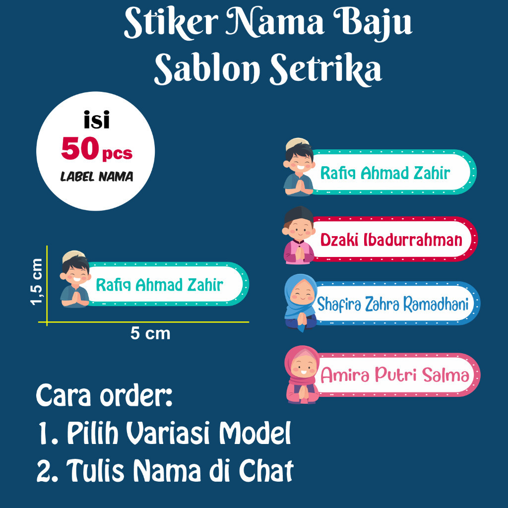 

Stiker Label Nama Baju Sablon Setrika Gratis Custom Nama - Untuk Pakaian Sekolah atau Pondok pesantren Isi 50 Pcs