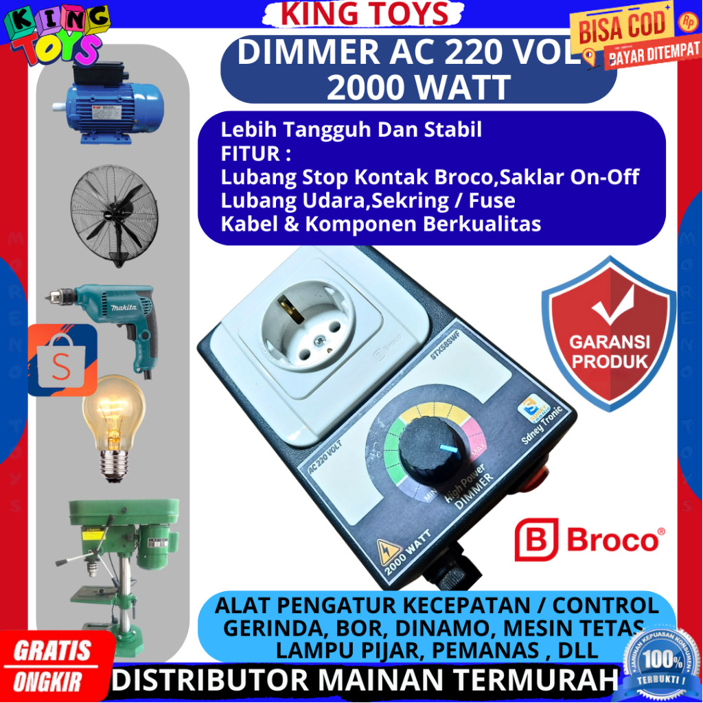Dimmer 2000 Watt Pengatur Kecepatan bor grinda mesin dinamo kipas dimmer ac FuseStop Kontak Broco KT