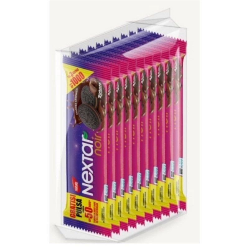 

Nabati Nextar Noir Sandwich 21 gr 1 Renteng isi 10 Bungkus / Nextar Noir 1000an isi 3 Keping per Bungkus