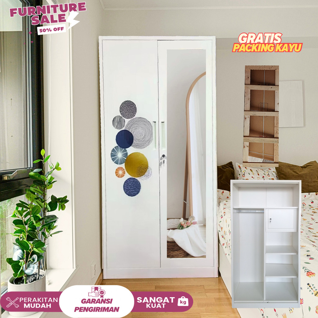 JOLEE-Lemari Pakaian Besi Lemari Pakaian Pintu ganda biasa 85cm 2 pintu 1 Hanger Cermin Minimalis