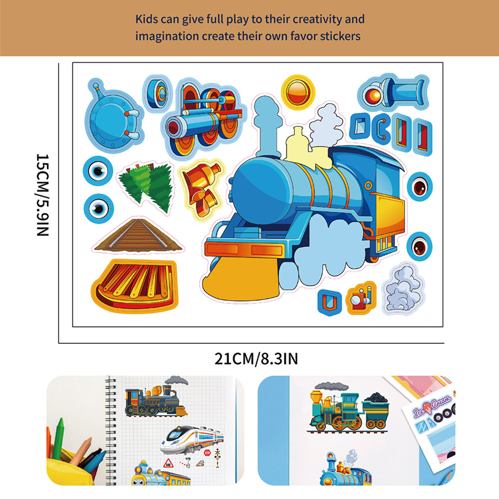 

8/16Sheets Train Carriage Make a Face Puzzle Stickers Funny Toys Kids Cartoon DIY Assemble Jigsaw Boys Girls Party Game Gifts