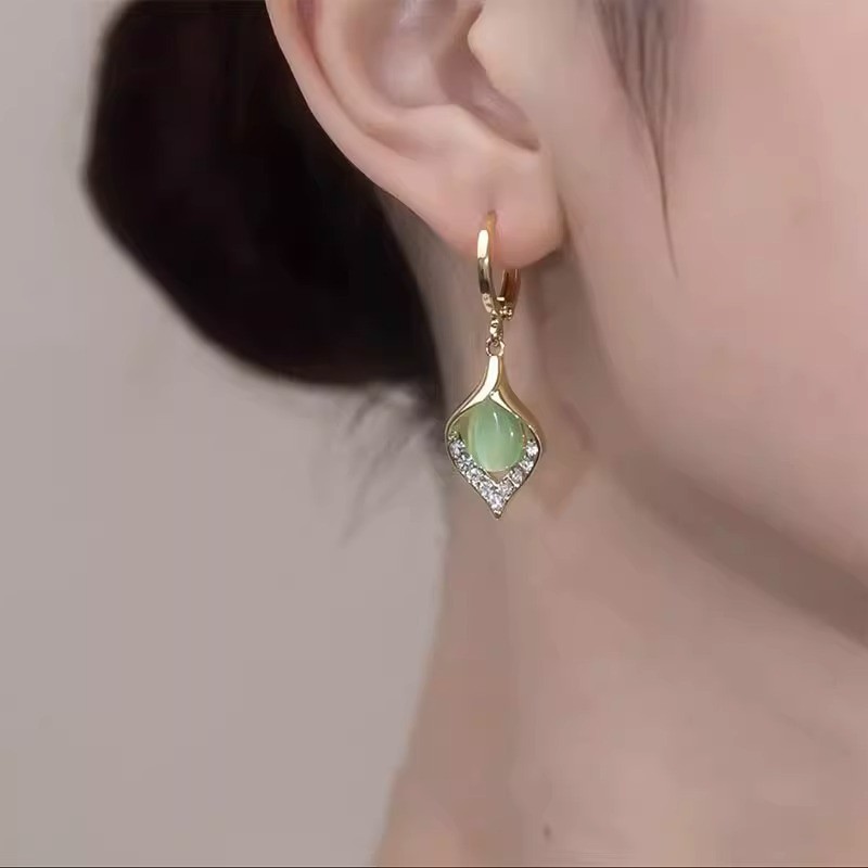 Anting Kait Wanita Batu Mata Kucing Model Daun Opal Cantik Anting Wanita Cantik