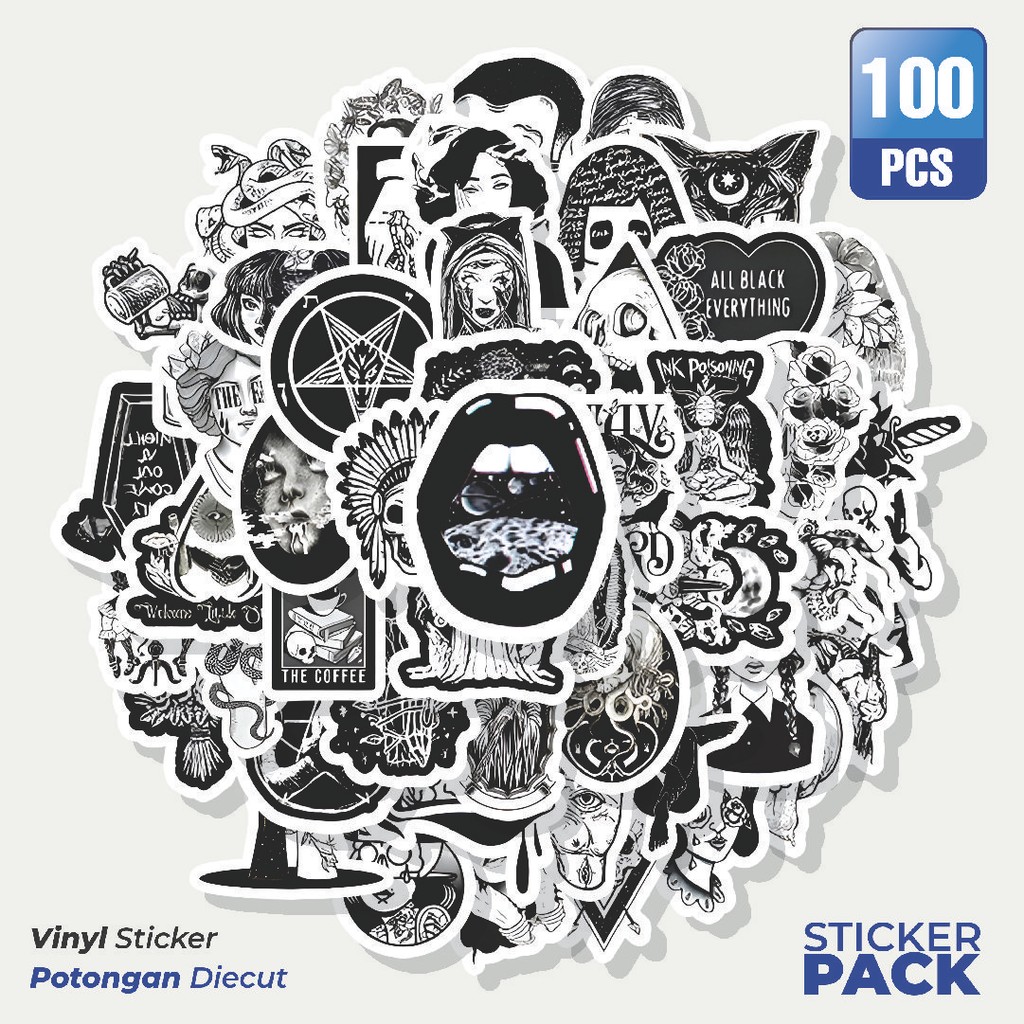 

Super Hemat! 100 PCS Stiker Black and White Punk Style Waterproof Aesthetic- Untuk Laptop, Motor, dan Helm - Paper Stationery Pack