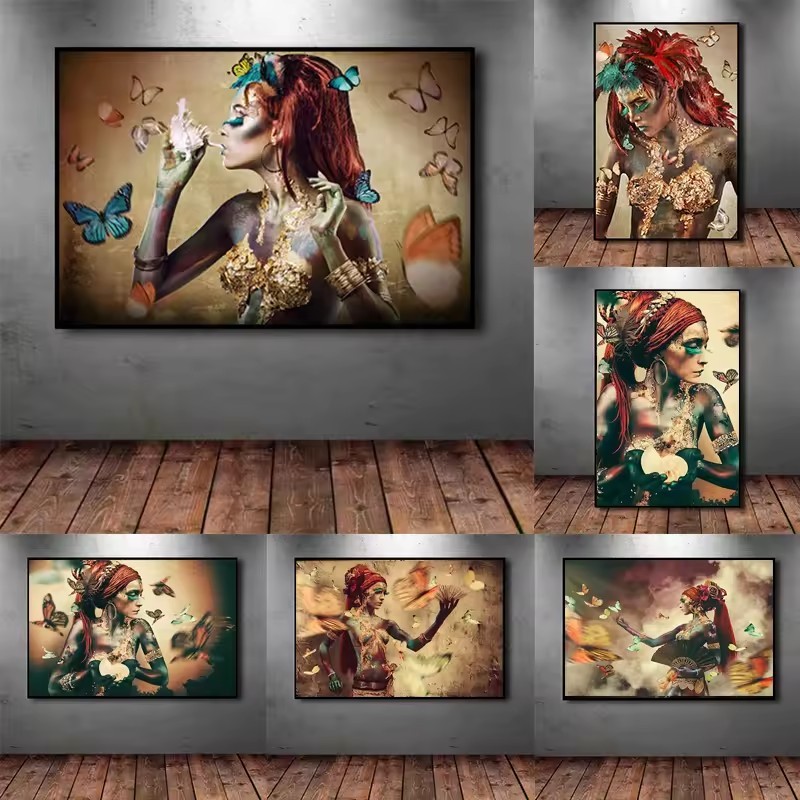 

African Priestess Woman Portrait Butterfly Wall Art Picture Retro Nordic Poster Prints Canvas Painting for Home Decoration