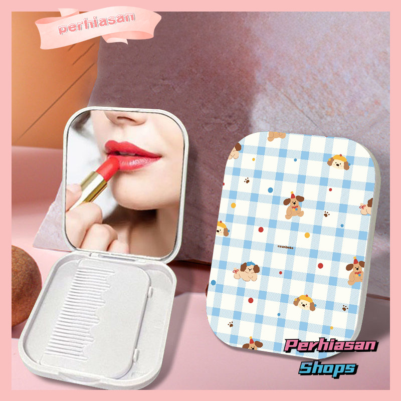 【Perhiasan Shops】CERMIN RIAS LIPAT MOTIF + SISIR QUALITY —— Anjing Kecil Kotak-kotak