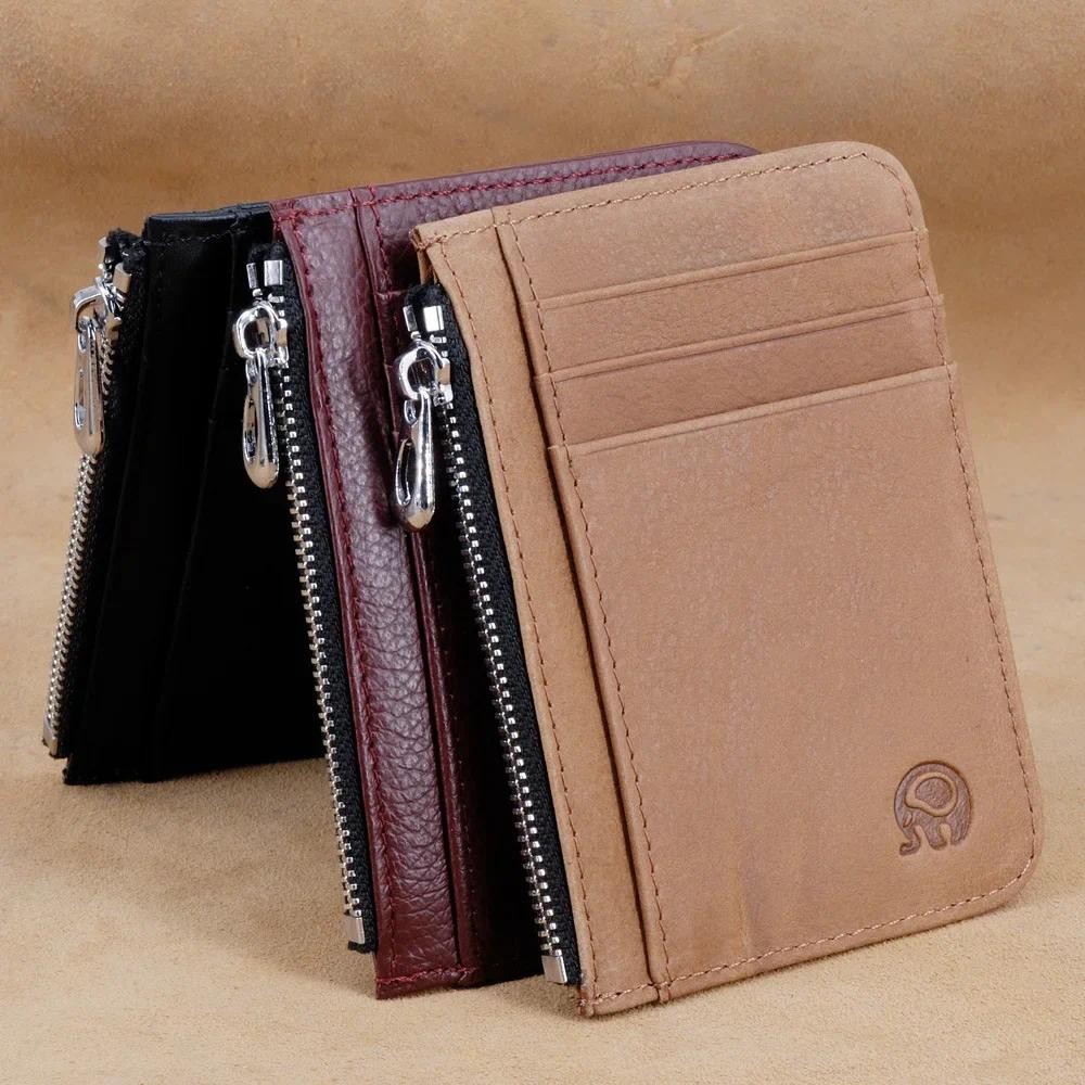 

Small Men's Wallet Genuine Leather Credit Card Holder With Zipper Coin Pocket Mini Purse For Women Driver's License ID Slot