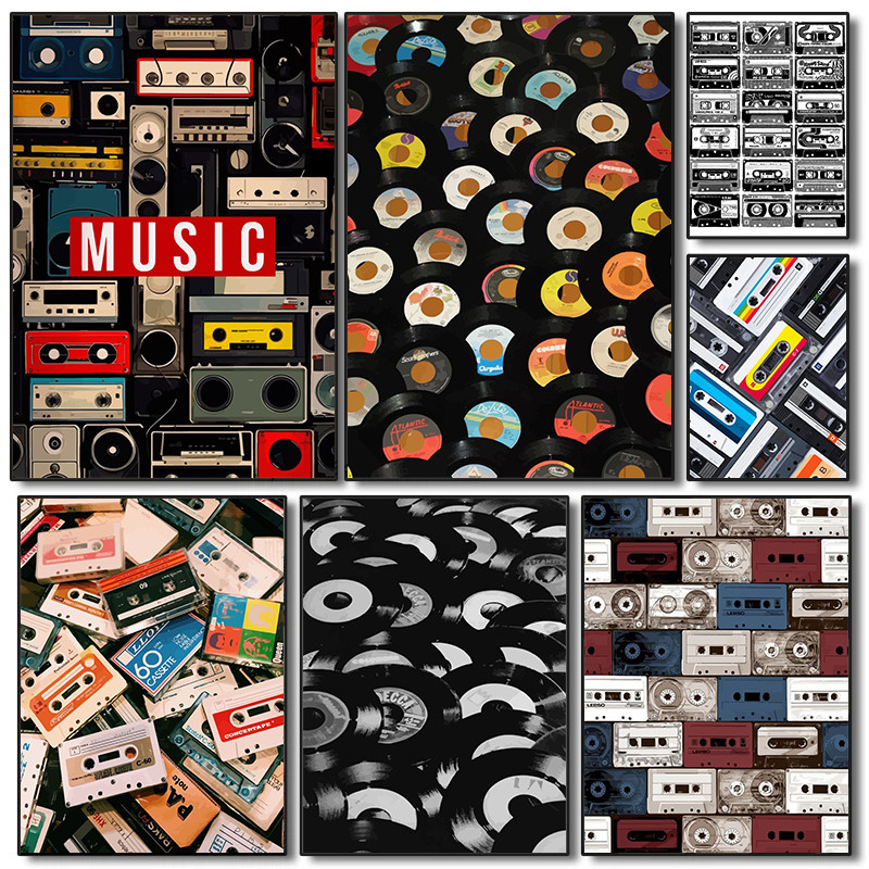 

Vintage Cassette Tape and Vinyl Poster Modern Music Prints Canvas Painting Wall Art Pictures Home Room Classics Music Decoration