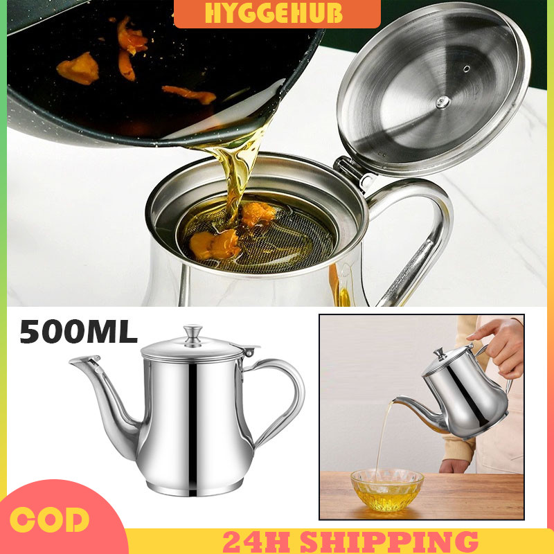 Oil Pot Teko Minyak 500ML Wadah Penyaring Minyak Goreng Anti Karat Oil Pot Stainless Serbaguna