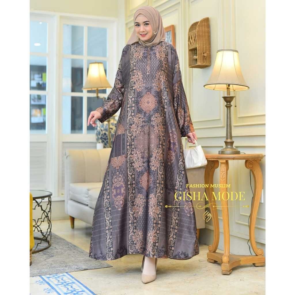 Gisha Collection-MEDINNA Gamis Abaya Bahan Silk Premium |Gamis Motif Jumbo Ld 130 cm Warna Navy,Crea