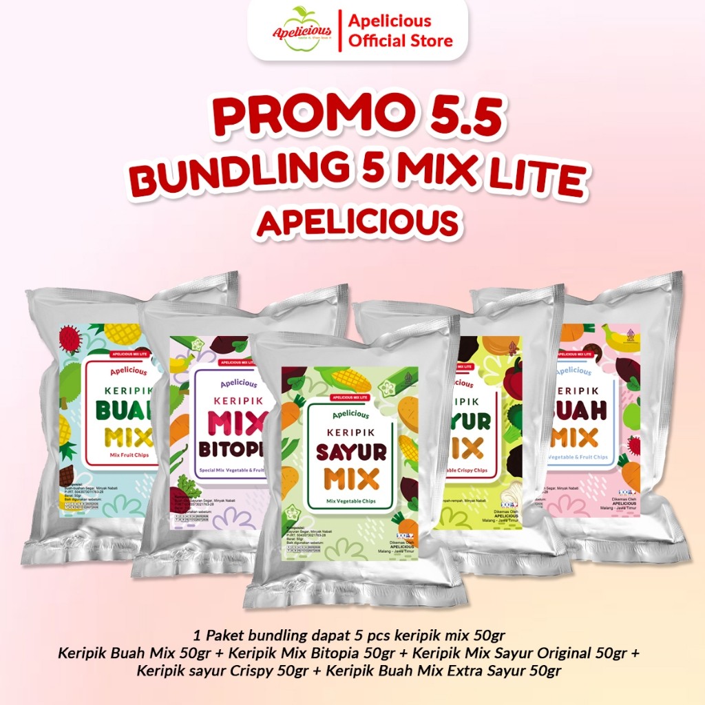

APELICIOUS BUNDLING 5 MIX LITE 50gr - Bundling 5 Keripik Buah / Sayur Mix 50gr Food Snack