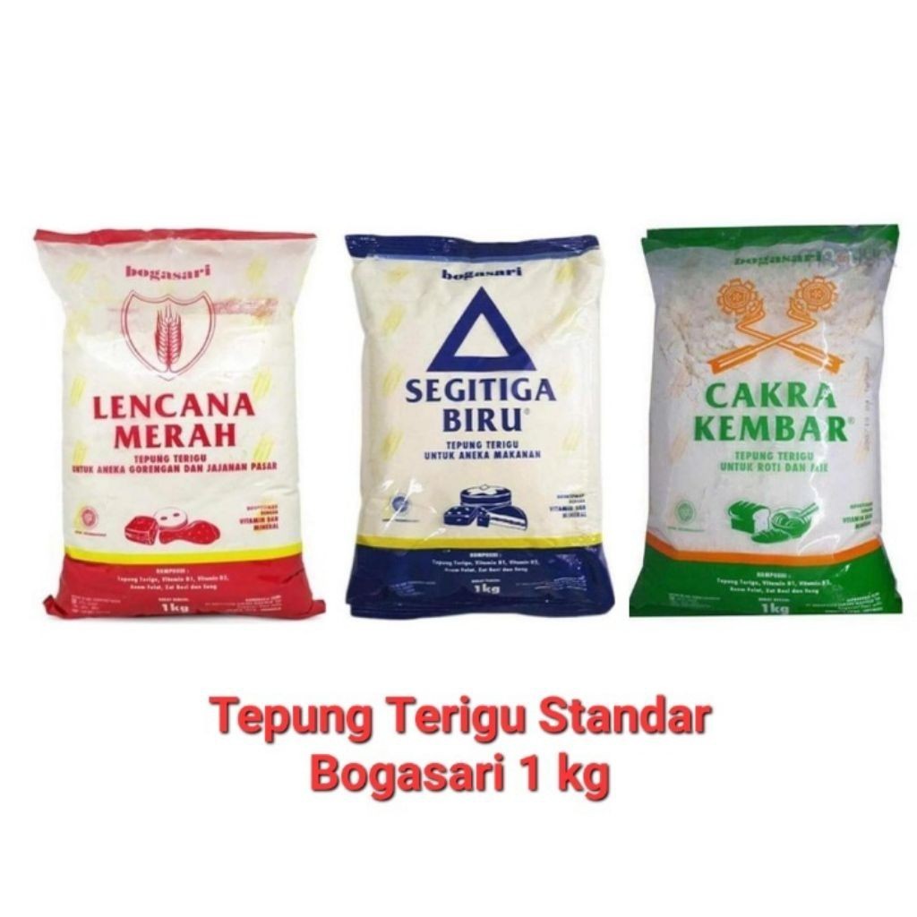 

(SIDOARJO - LANGSUNG KIRIM) Tepung Terigu Bogasari Cakra Kembar/ Segitiga Biru/ Lencana Merah 1kg isi 12pcs