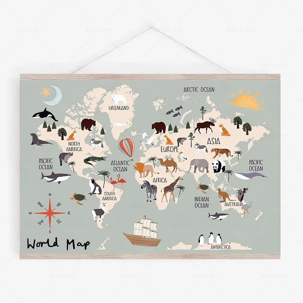 

World Map Canvas Painting Montessori Educational Wall Art Nordic Posters and Prints Pictures Boho Kids Room Playroom Wall Decor