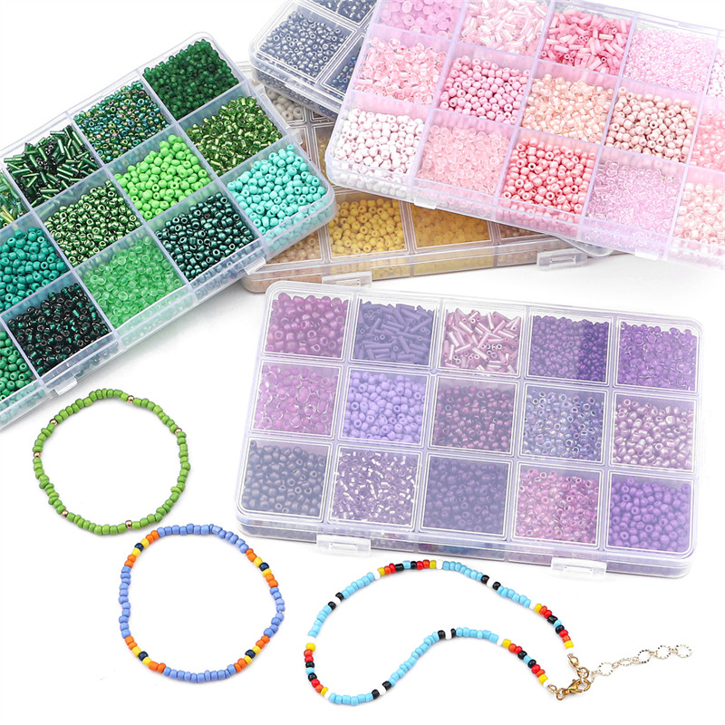 

15 Colors Glass Beads Set for Bracelet Making Spacer Loose Beads with Storage Box Tube Kit for DIY Craft Necklace Charms