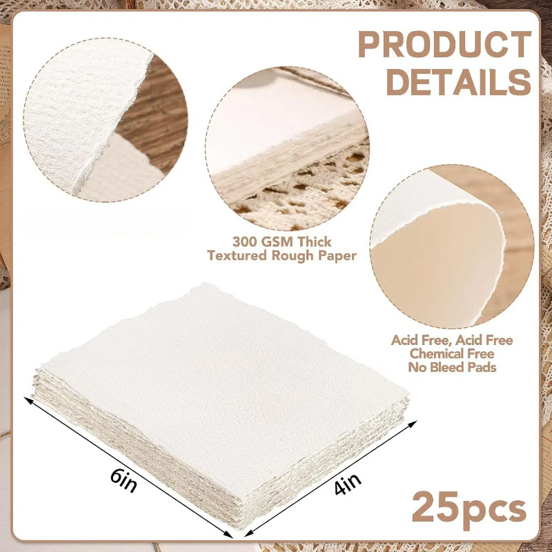 

25 Sheets Watercolor Paper, 300 GSM Deckled Edge Paper Rough/Textured Handmade Paper Cotton Paper White Textured Pape