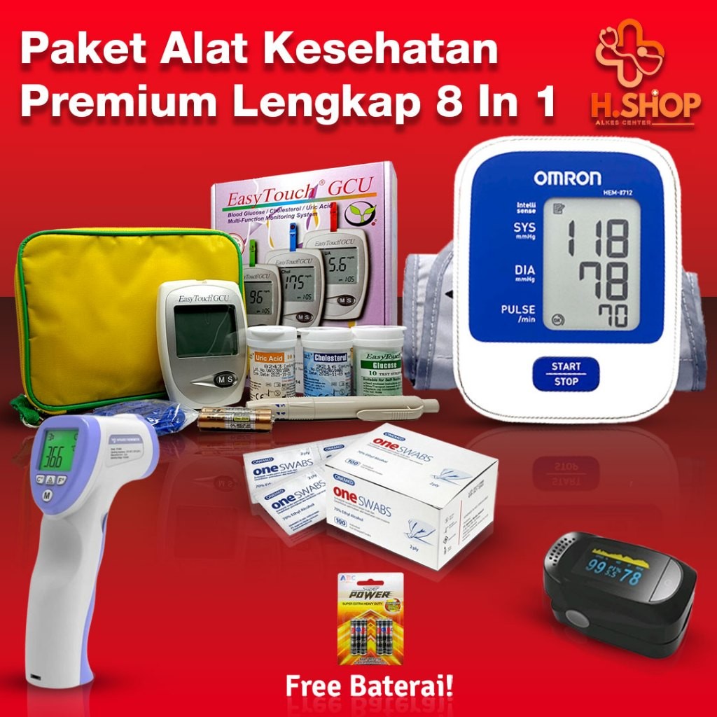 1 Paket Lengkap Alat Kesehatan 5 in 1 / Tensimeter Digital / Tensimeter Omron 8712 Original / Alcoho