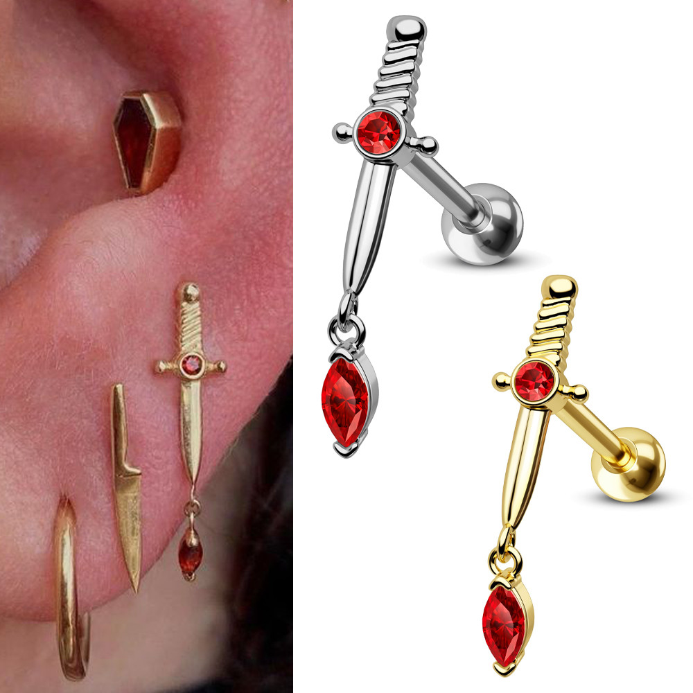 1PC Stainless Steel Silvery&Golden Dangle Sword Ruby Earring Helix Cartilage Earrings Studs Cartilag