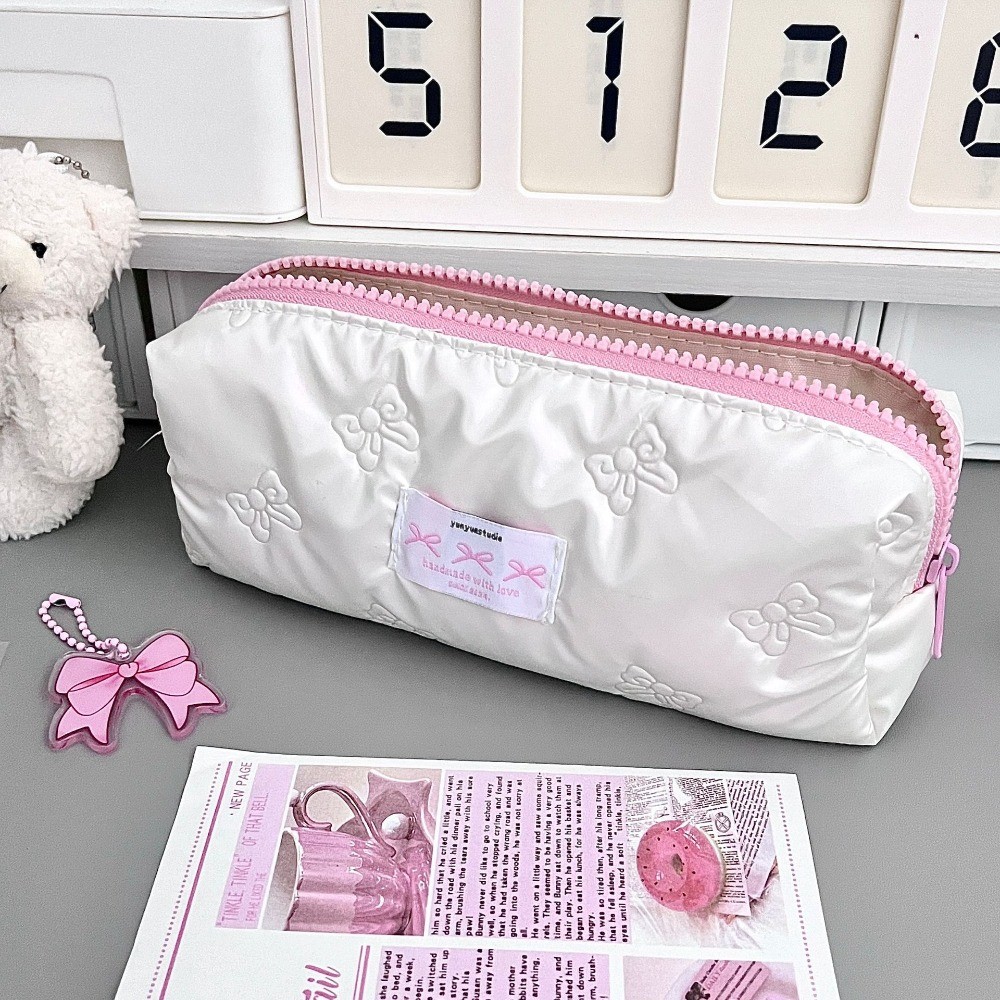 

1 Piece New Cute Pencil Case Student Korean Pencil Pou White Pink Color Bow Pencil Bag Large Capacity Stationery Storage Bag