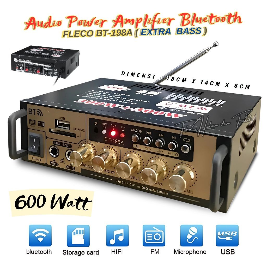 BISA COD Audio Power Amplifier 600W Full Bass Fleco BT-198A - Amplifier Bluetooth USB/SD/FM/MP3 - Am