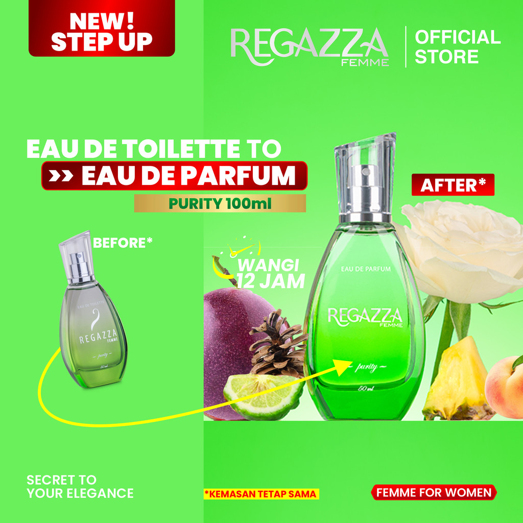 Regazza Femme Eau De Parfum (EDP) Purity (Green, 50ml) Parfum Wanita Tahan Lama dan Wangi