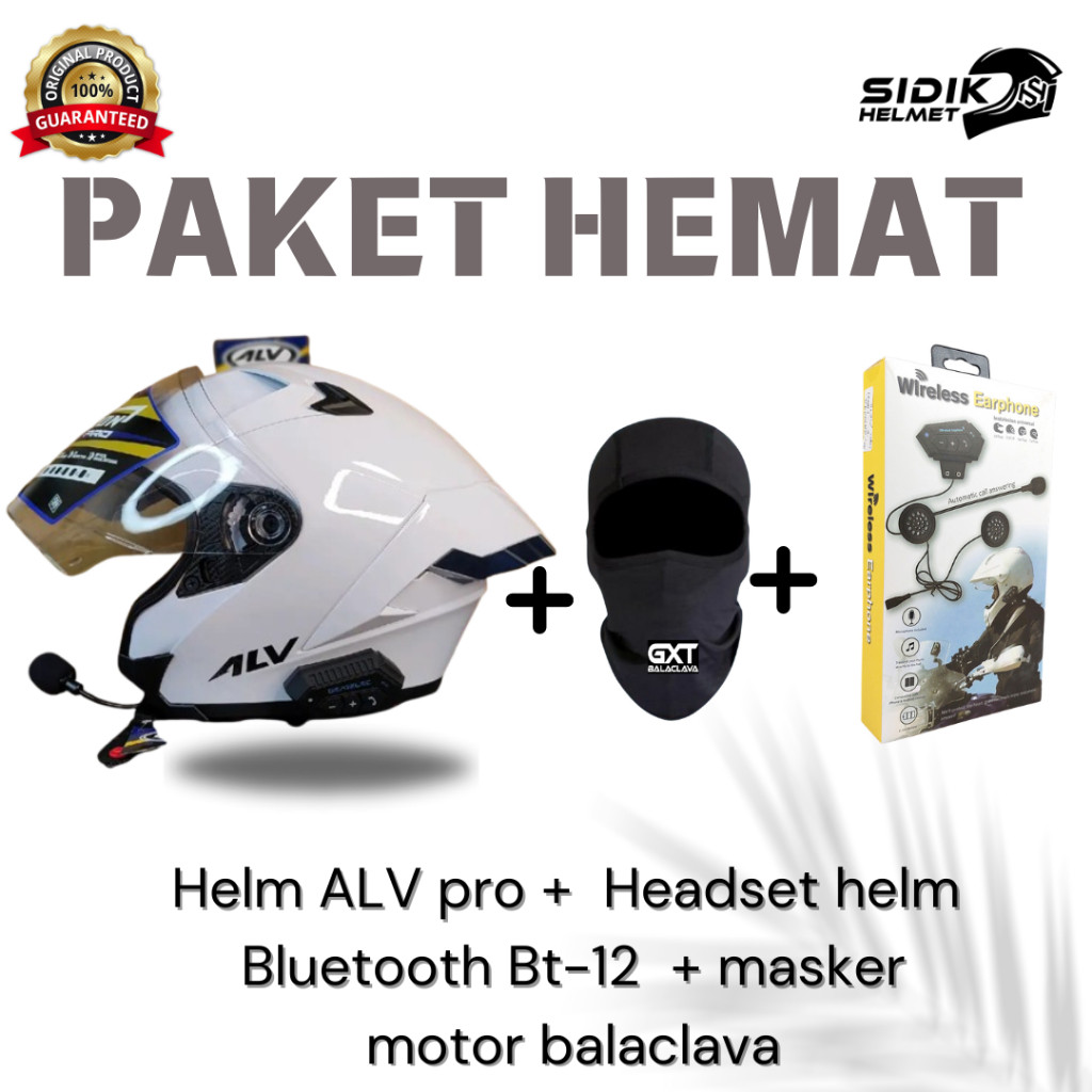 PAKET GANTENG HELM ALV ULTRON PRO, HEADSET HELM BT-12 & MASKER MOTOR BALACLAVA GXT ORIGINAL, VARIAN 