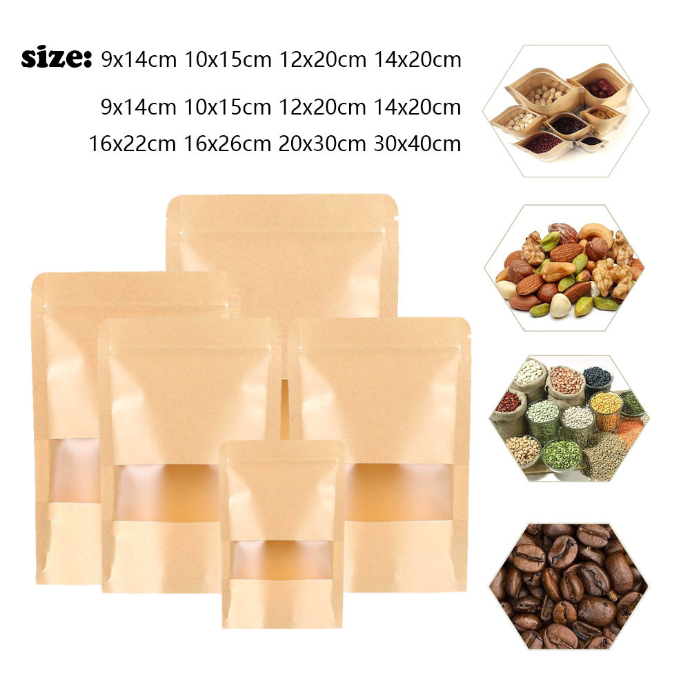 

Brown Single Sided Translucent Resealable Plastic Window Kraft Paper Flat Bottom Zipper Bag Snack Coffee Fragrant Tea Gift Bag