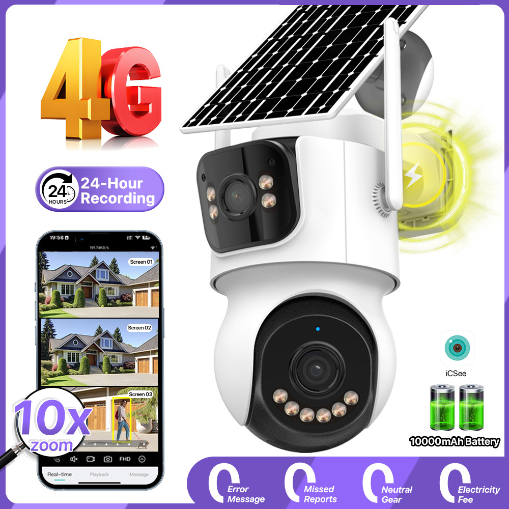 4G SIM Solar Camera 24/7 Recording Outdoor Three Screen AOV 10X Zoom Camera Built-in Battery Securit