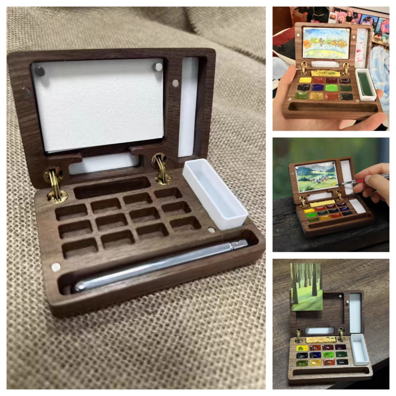 

Portable Travel Watercolor Oil Painting Solid Wood Paint Box Art Students Outdoor Sketching Art Professional Colour Mixing Box