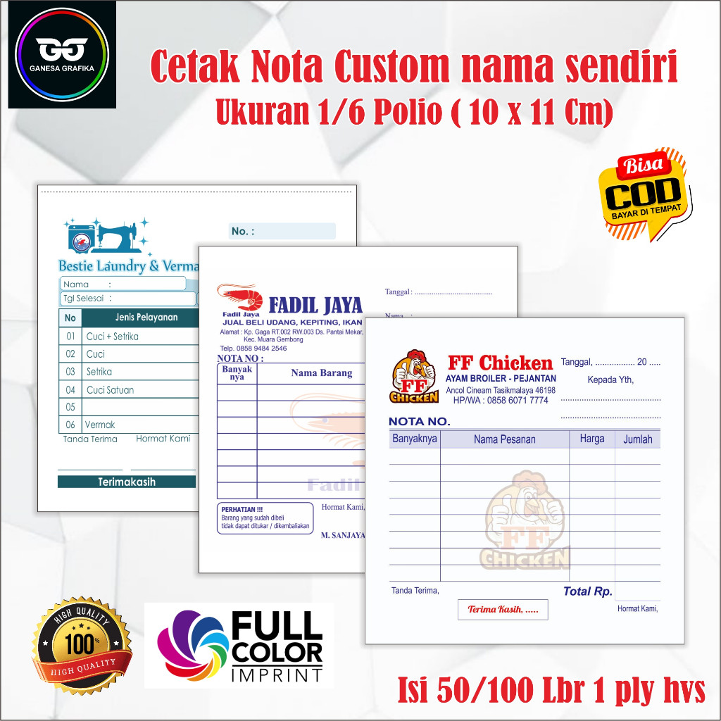 

TANPA MIN ORDER| Cetak nota Custom nama toko sendiri ukuran 10 x 11 Cm 1/6 polio 1 ply 2 ply