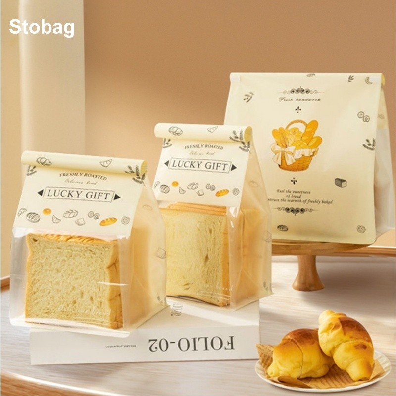 

StoBag 50pcs Kraft Paper Toast Bread Packaging Bag with Window Roll Edged for Cake Storage Baking Cookies Handmade Party Favor