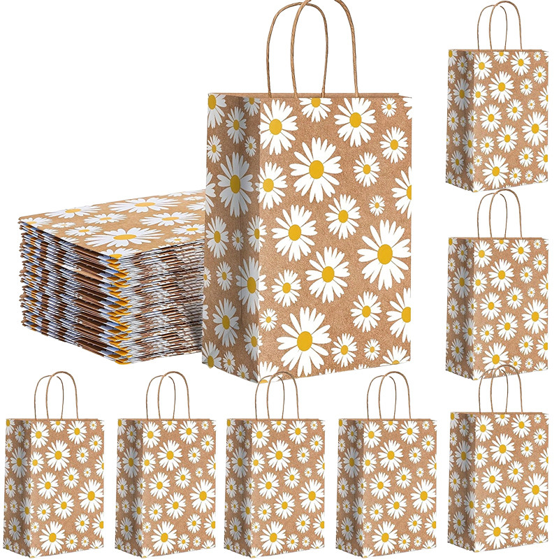 

6/12PCS Kraft Paper Bags Daisy Flower Paper Gift Bags Brown Shopping Bags With Carrying Handle Wedding Party Favors Packaging