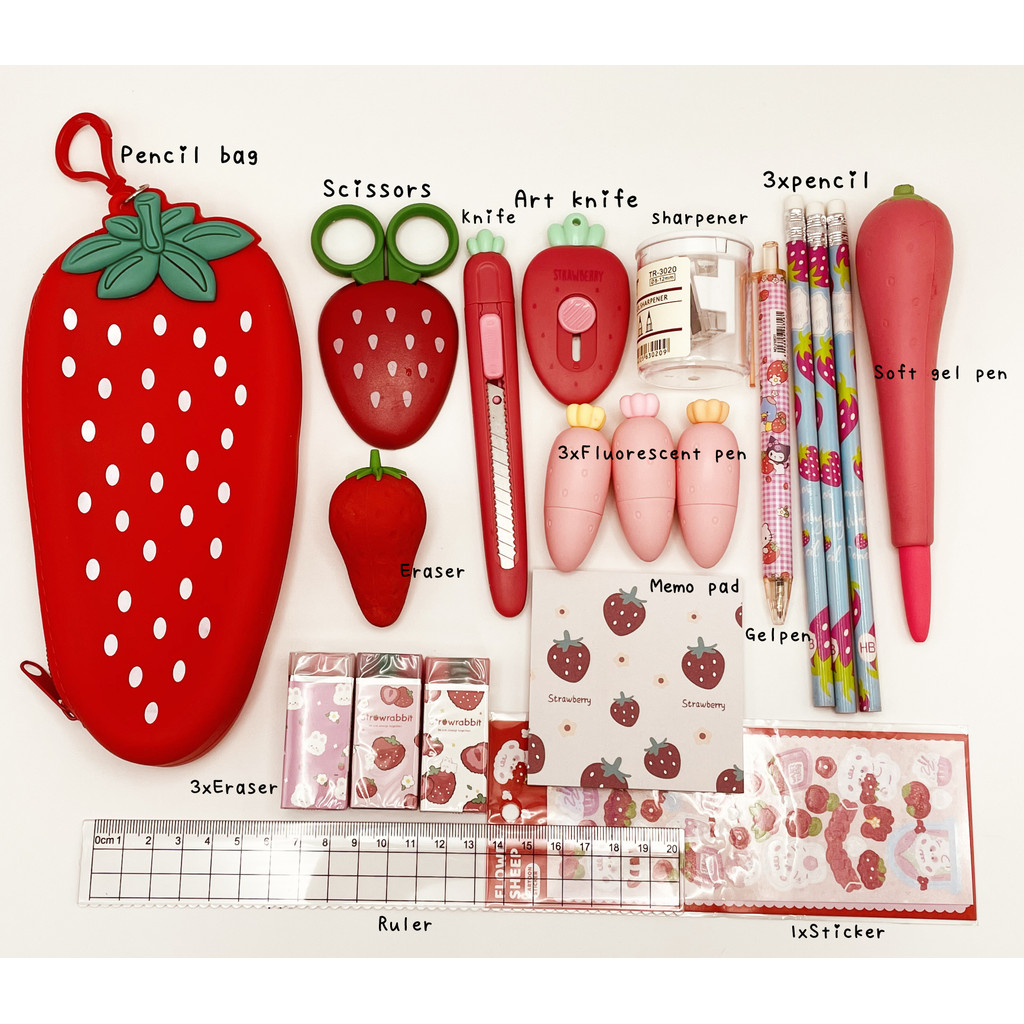 

Sharkbang Kawaii Strawberry Series Pencil Case Journal Notebook Gel Pen Ruler Scissors Eraser Stationery Supplies