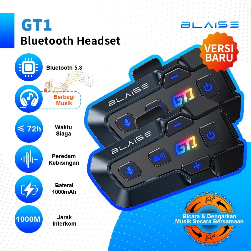 BLAISE GT1 Intercom Helm Waterproof Musik Sharing Interkom Mic Helm Intercom 2 orang Bluetooth Helm