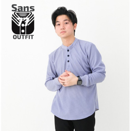 Baju Kaos Henley Pria Lengan Panjang Knit Waffle Premium Tebal - Zen Blue - M