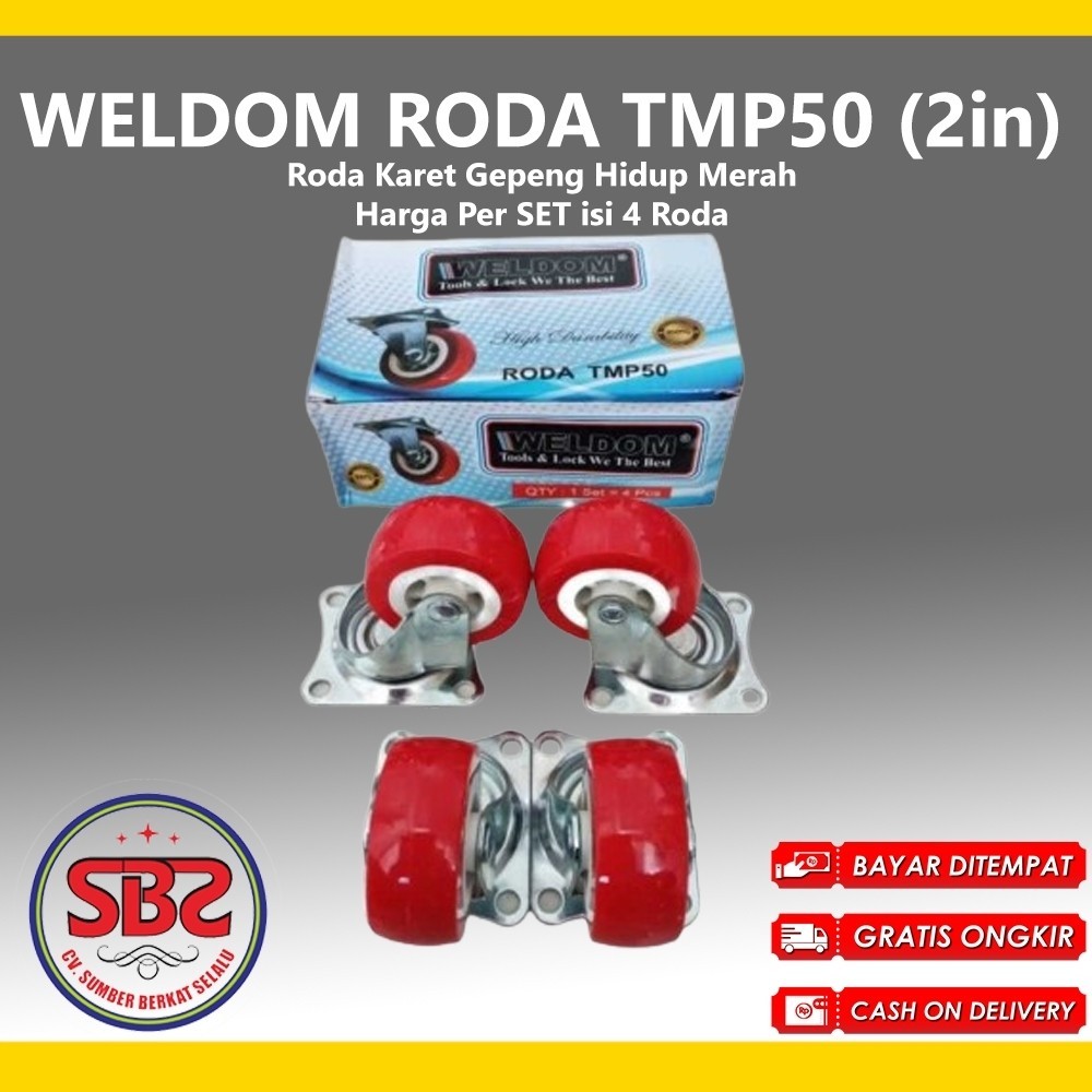 WELDOM Roda Karet Hidup Merah 2 inchi isi 4 pcs / Roda Karet Gepeng Hidup Merah Weldom (Roda Bundar 