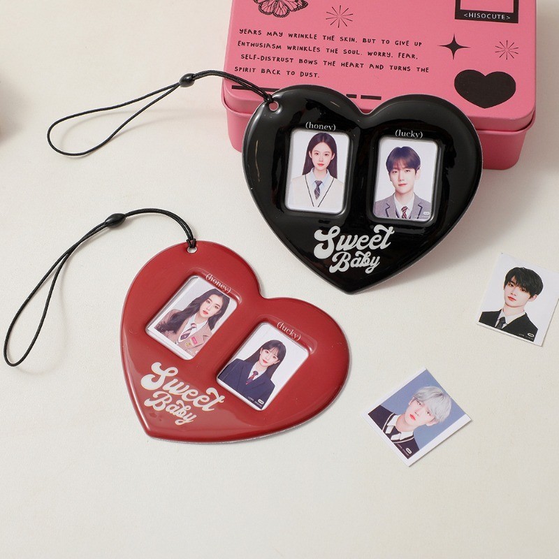 

Korean Trend Y2K Heart Shape Double Card Slot PP Card Holder Kpop Star 2 Inch Small ID Photo Display Stand Cute Girl Bag Pendant