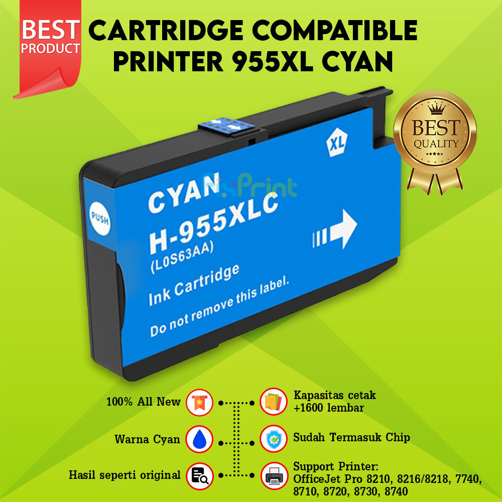 Cartridge Tinta HP 955XL 955 XL CMYK Chip, Tinta Printer HP OfficeJet Pro 8210 8216 Compatible