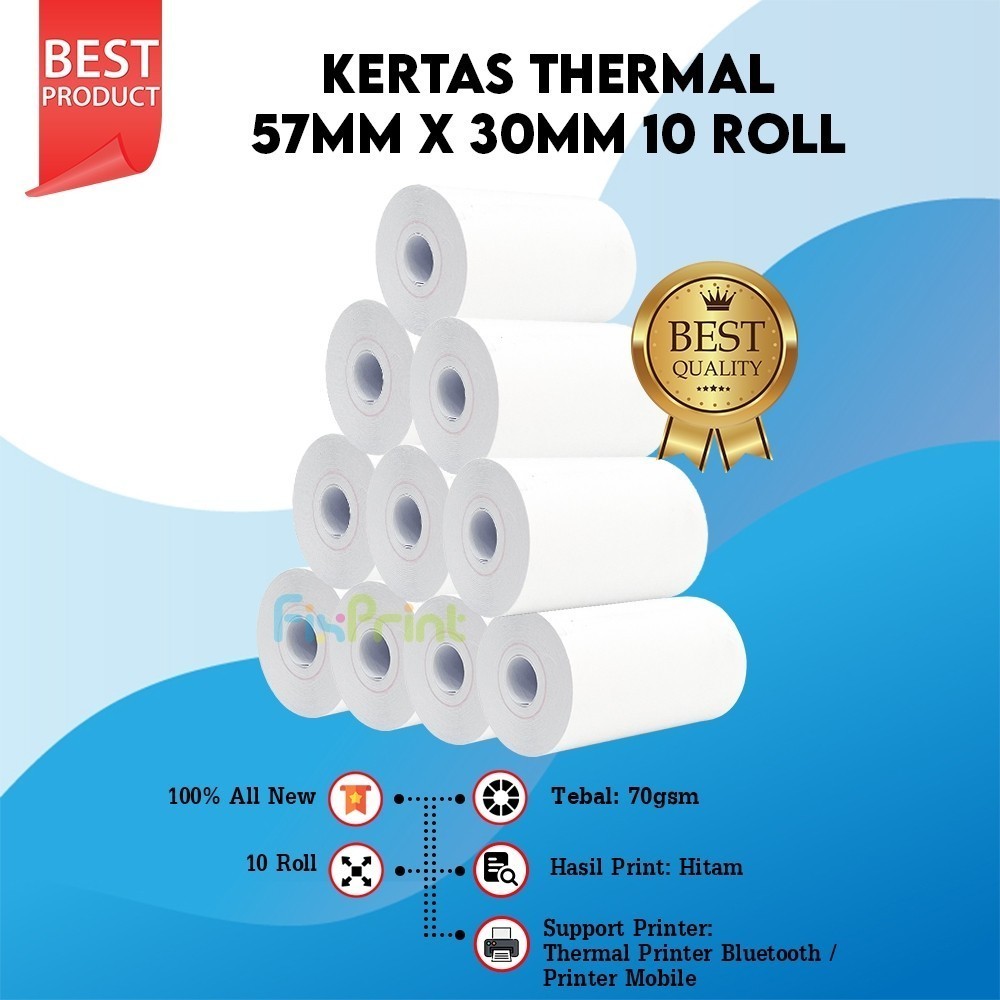 

Kertas Thermal 57mm x 30mm untuk Printer 58mm Struk Kasir Coreless 5 Roll 10 Roll 15 Roll