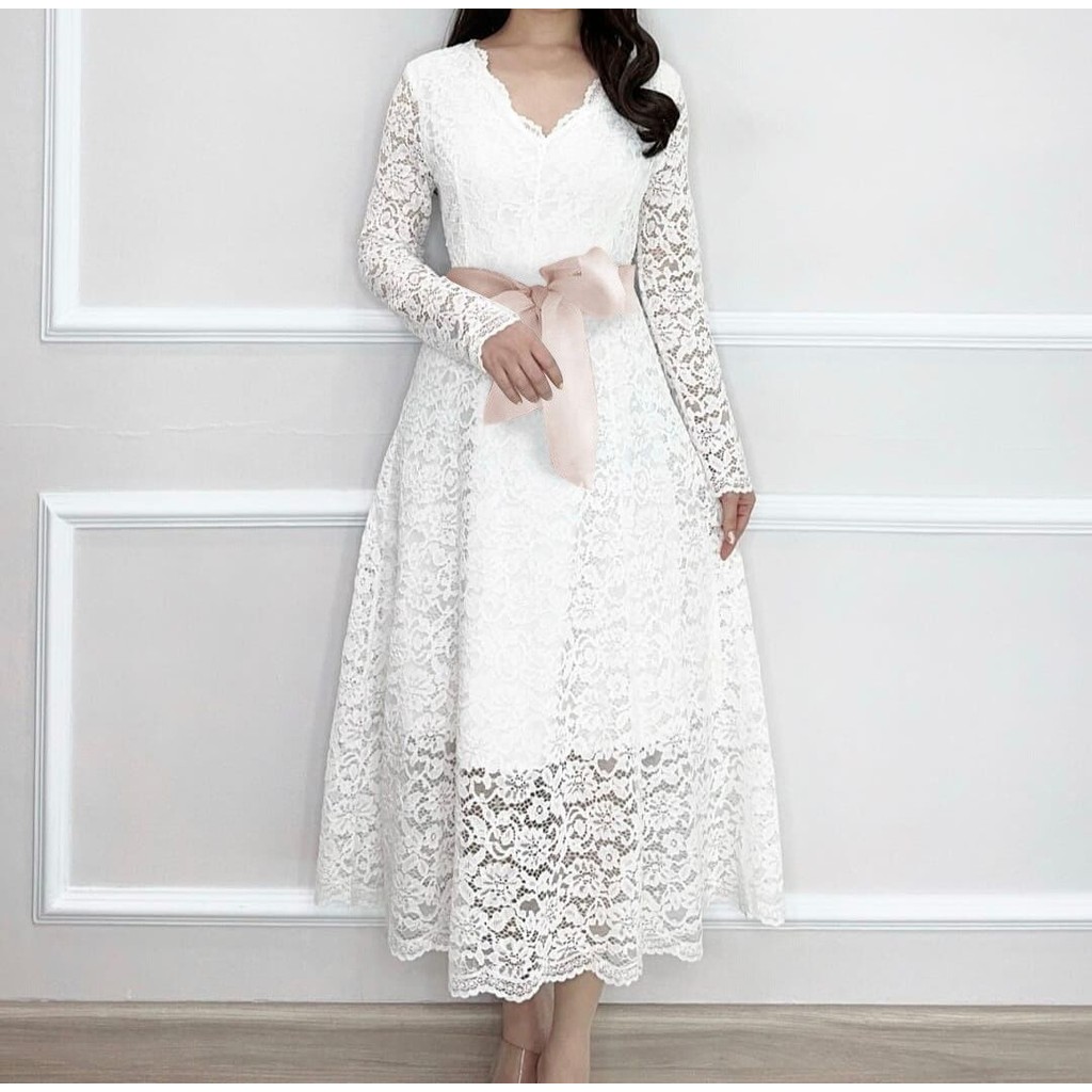Alya Dress Brukat Lengan Panjang Gaun Sopan Dress Putih Kristen Naik Sidi Pakaian Fashion Wanita