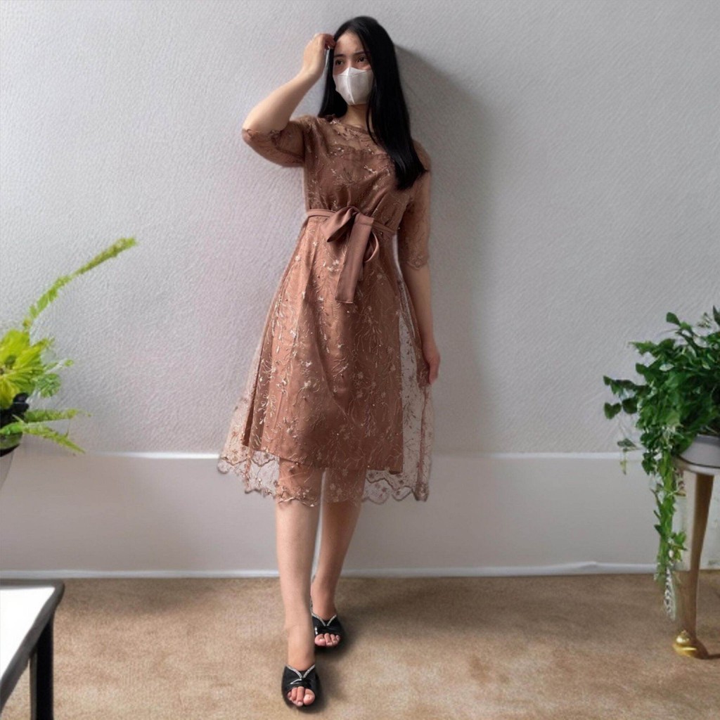 Dress Brokat Tulle Mutiara Premium Gaun Pesta Elegant Natal Dan Gereja Dress Wanita Kristen Ruka zh