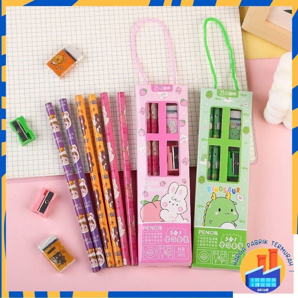 

HPT Stationery Set 5 in 1 Alat Tulis Anak Sekolah Penghapus penggaris Pensil Serutan Karakter Lucu Set Alat Tulis Anak Motif Kartun