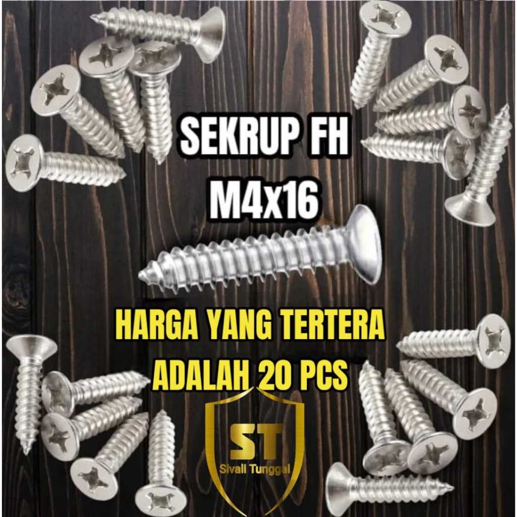 (HARGA 20 PCS) SEKRUP FH (M4X16) STAINLESS 201- SKRUP FH TAPPING SCREW