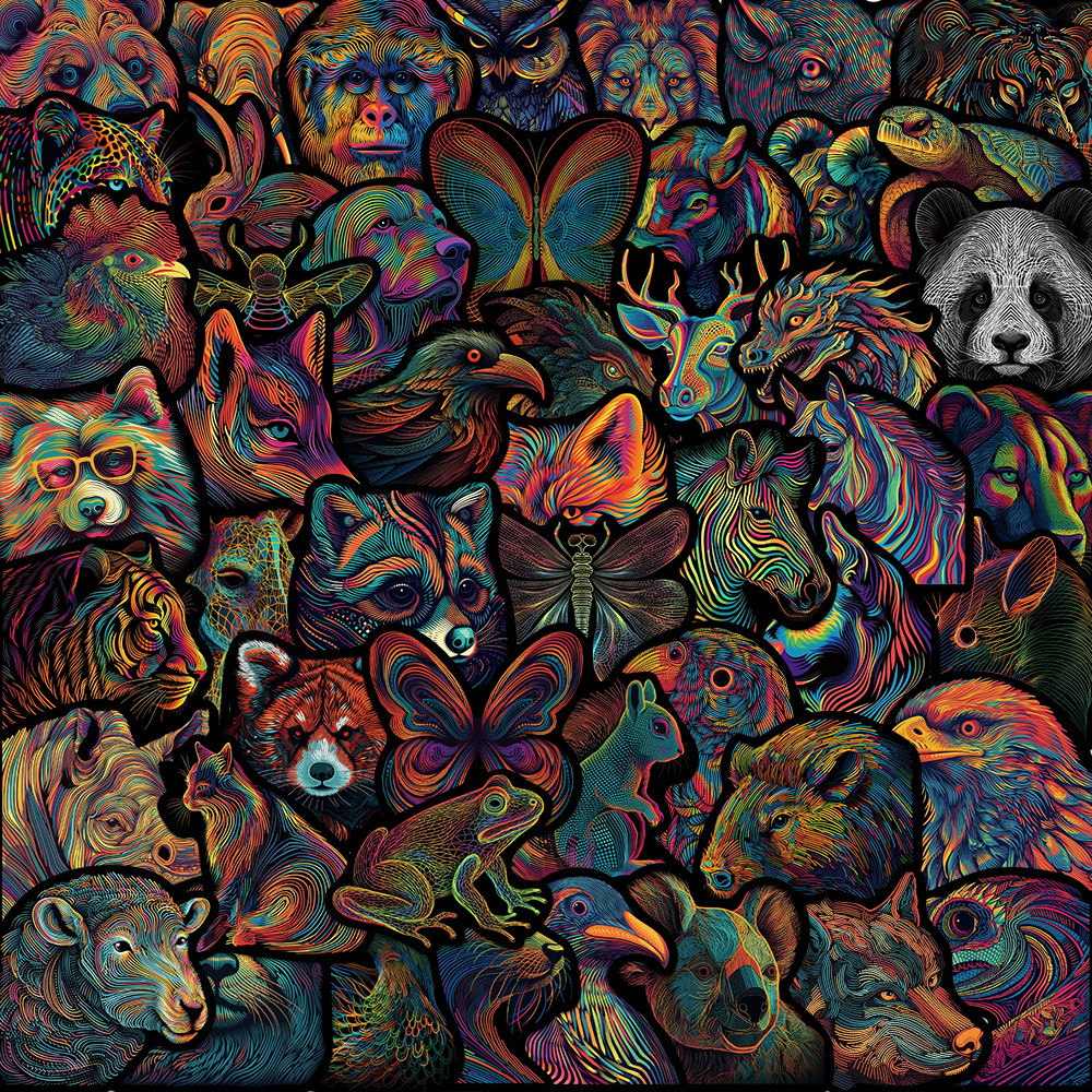 

50PCS Psychedelic Line Animals Cartoon Stickers For DIY Skateboard Guitar Laptop Motorcycle Classic Toy Sticker Novel Decals