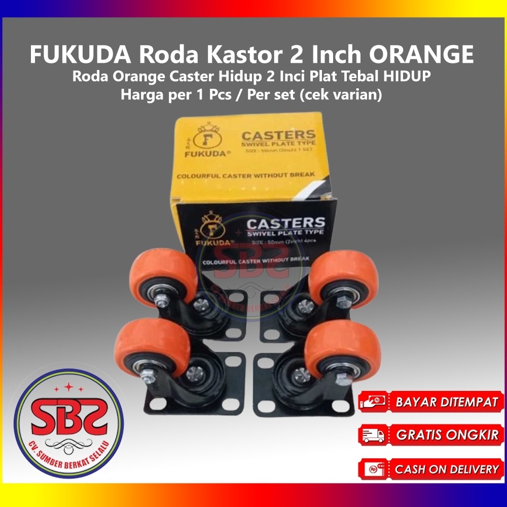 FUKUDA Roda Kastor 2 Inch ORANGE TEBAL Hidup TANPA REM / Castor Swifel Plate Etalase Troli PER SET -