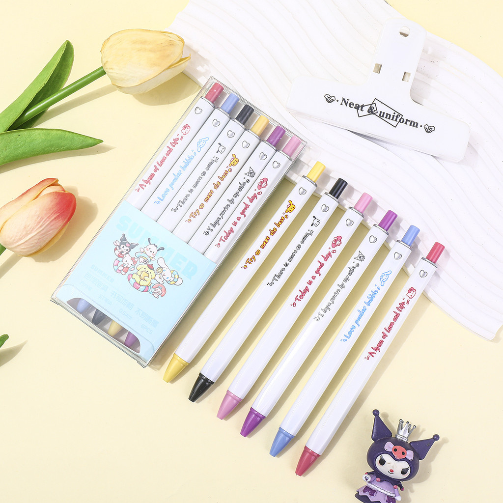 

VIRAL! 1 SET 6 PCS PULPEN GEL 0,5 MM MEKANIK MOTIF SANRIO WHITE COATED POSITIVITY TINTA HITAM