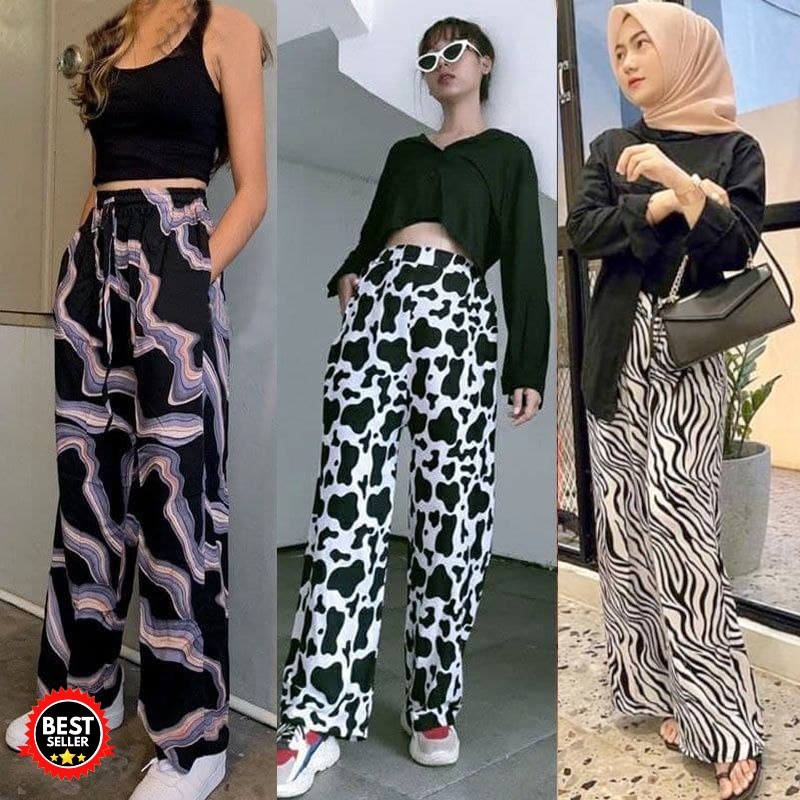 Celana Kulot Motif Sapi Zebra Bunga Tie Dye Rayon