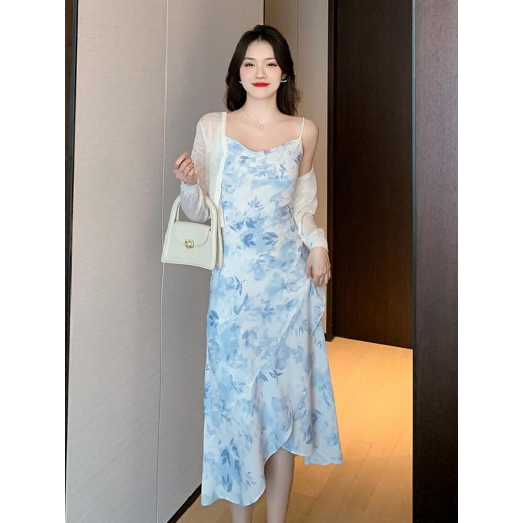 dress biru muda cantik korean style pesta pantai tanpa lengan party midi dress terbaru 2024