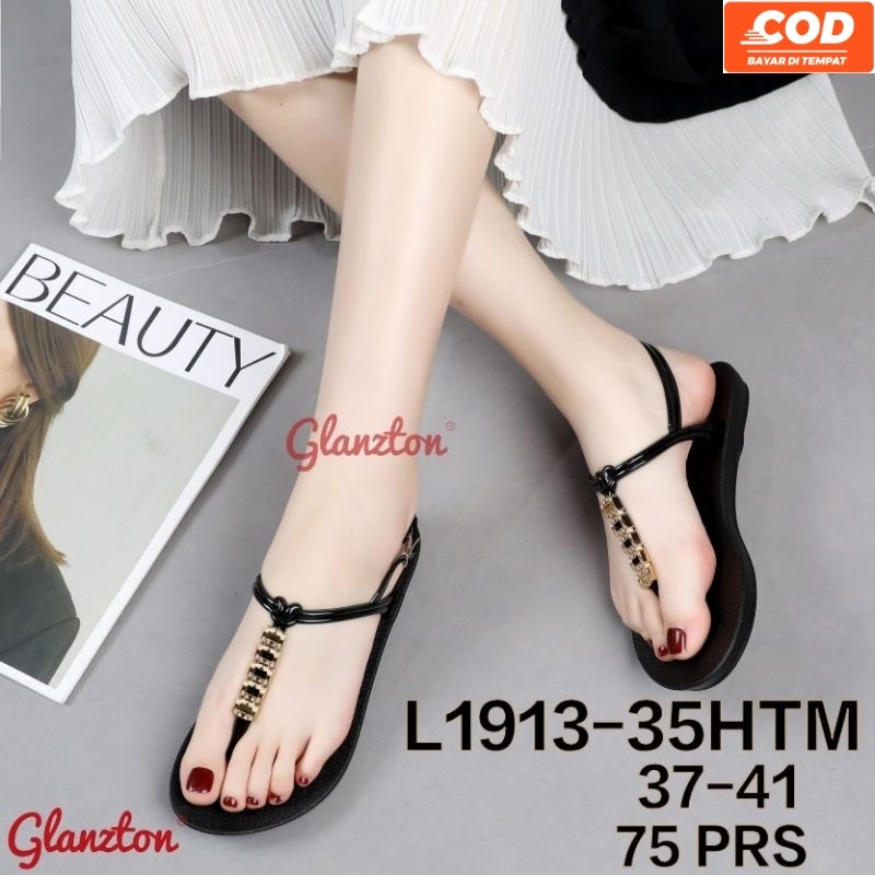 L1913-35HTM Sandal Glanzton Tali Belakang Hitam Chrome Terbaru Wanita Jepit Karet Sendal Flat Japit 