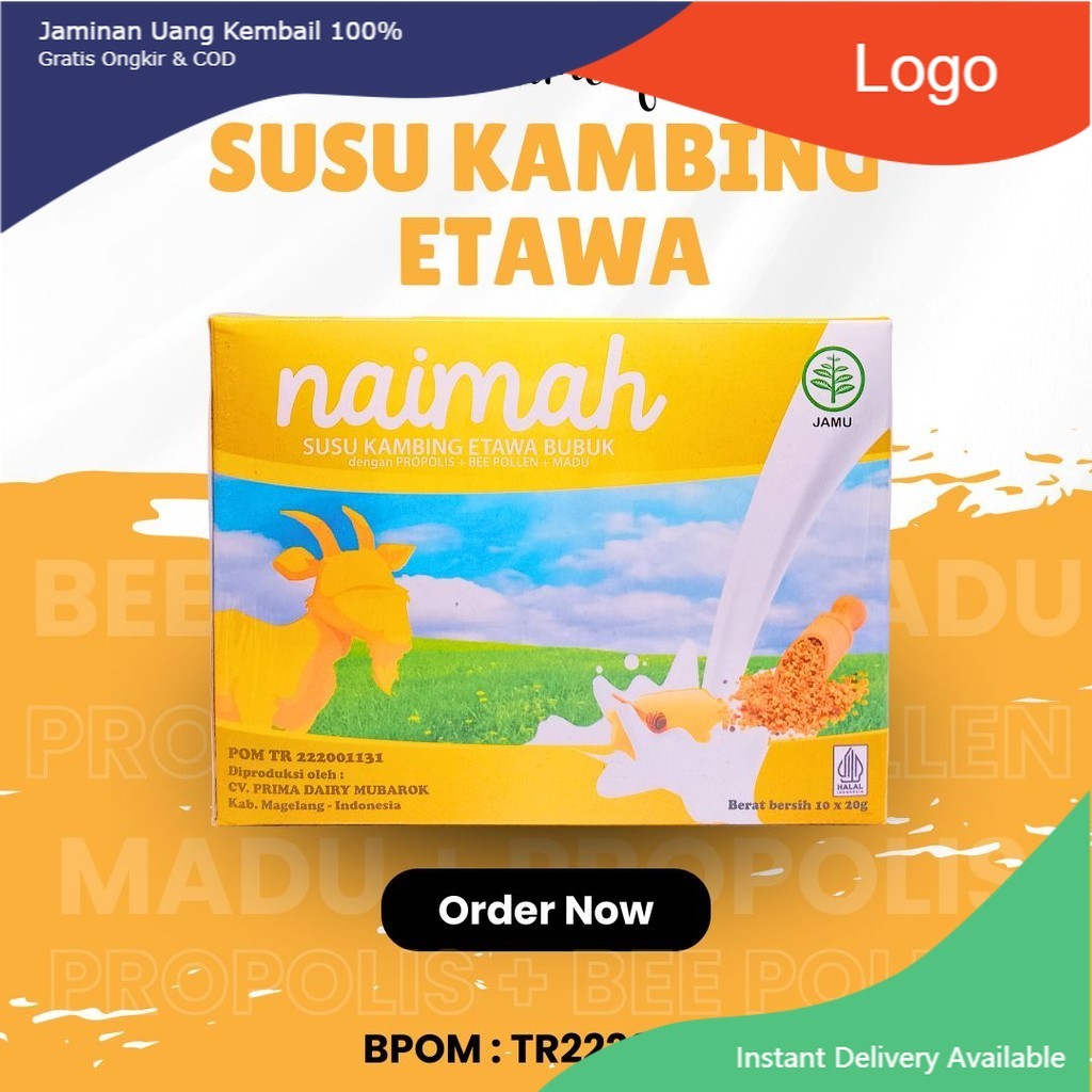 

Susu Kambing Etawa Naimah 200 gram 10 sachet(propolis,beepolen,dan madu)