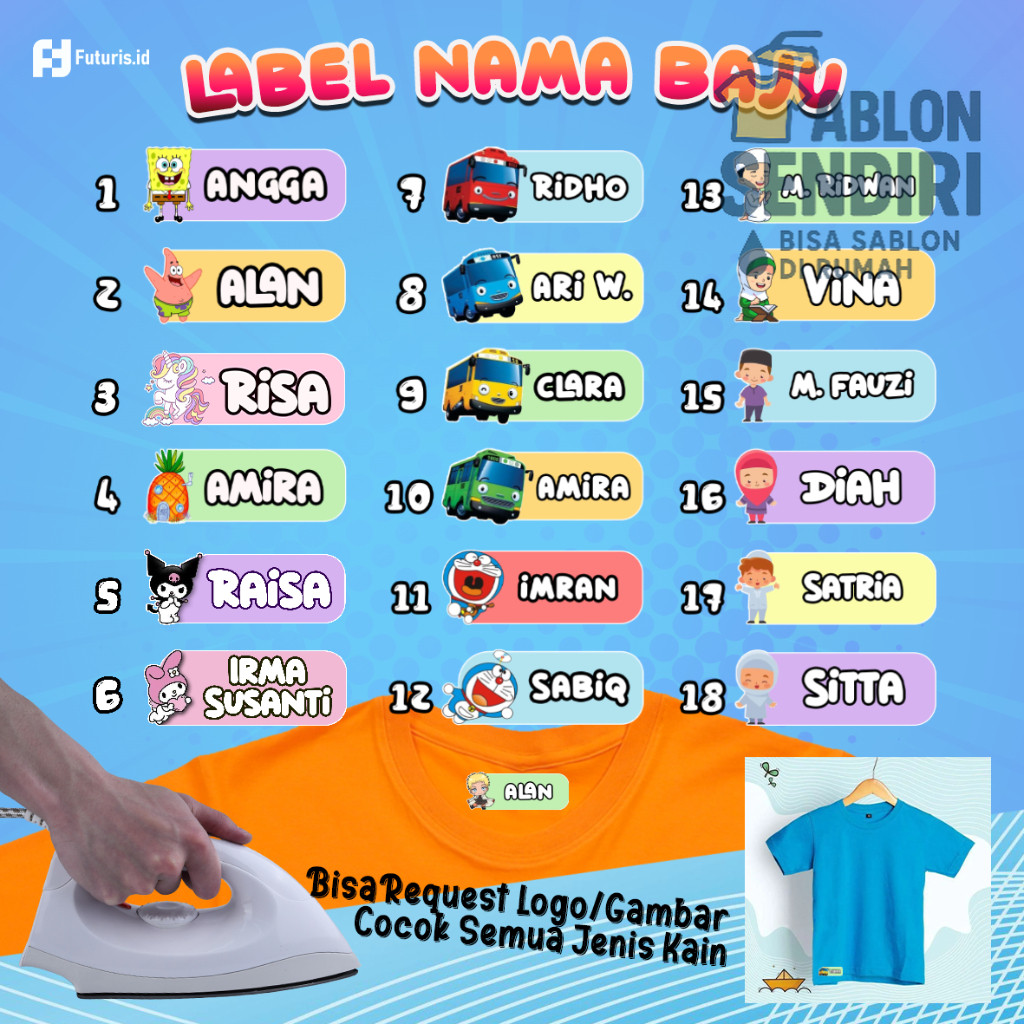 

28pcs Stiker Kain Kaos Baju Tahan Lama - Setiker Label Setrika Custom Nama & Karakter Lucu